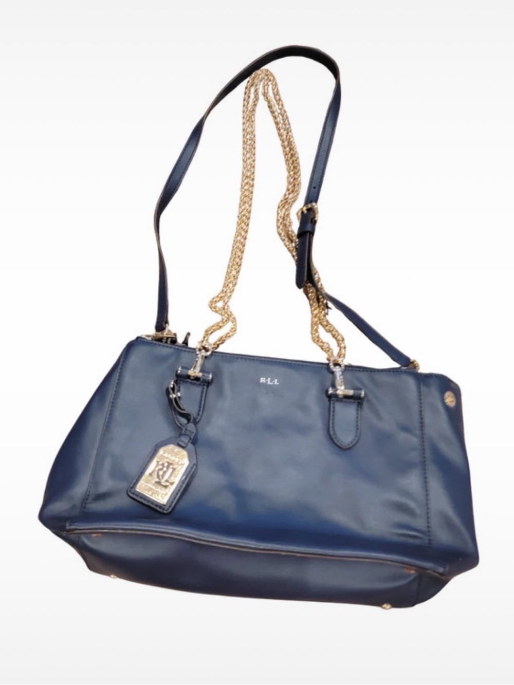Ralph Lauren Navy Leather Tote with Gold Chain Straps